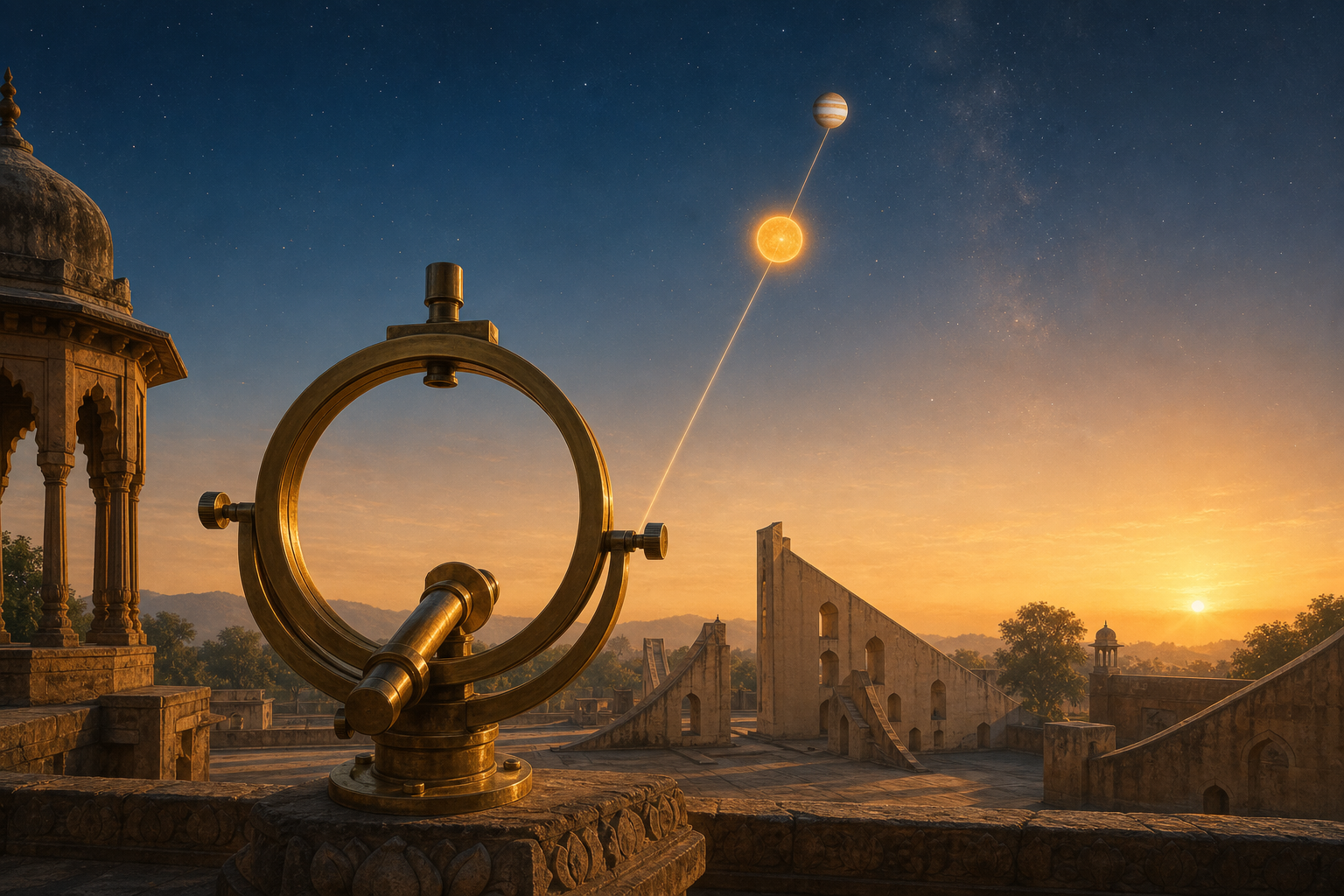 The Sun and banded Jupiter appear aligned through a brass sighting instrument in an Indian observatory courtyard at dawn.
