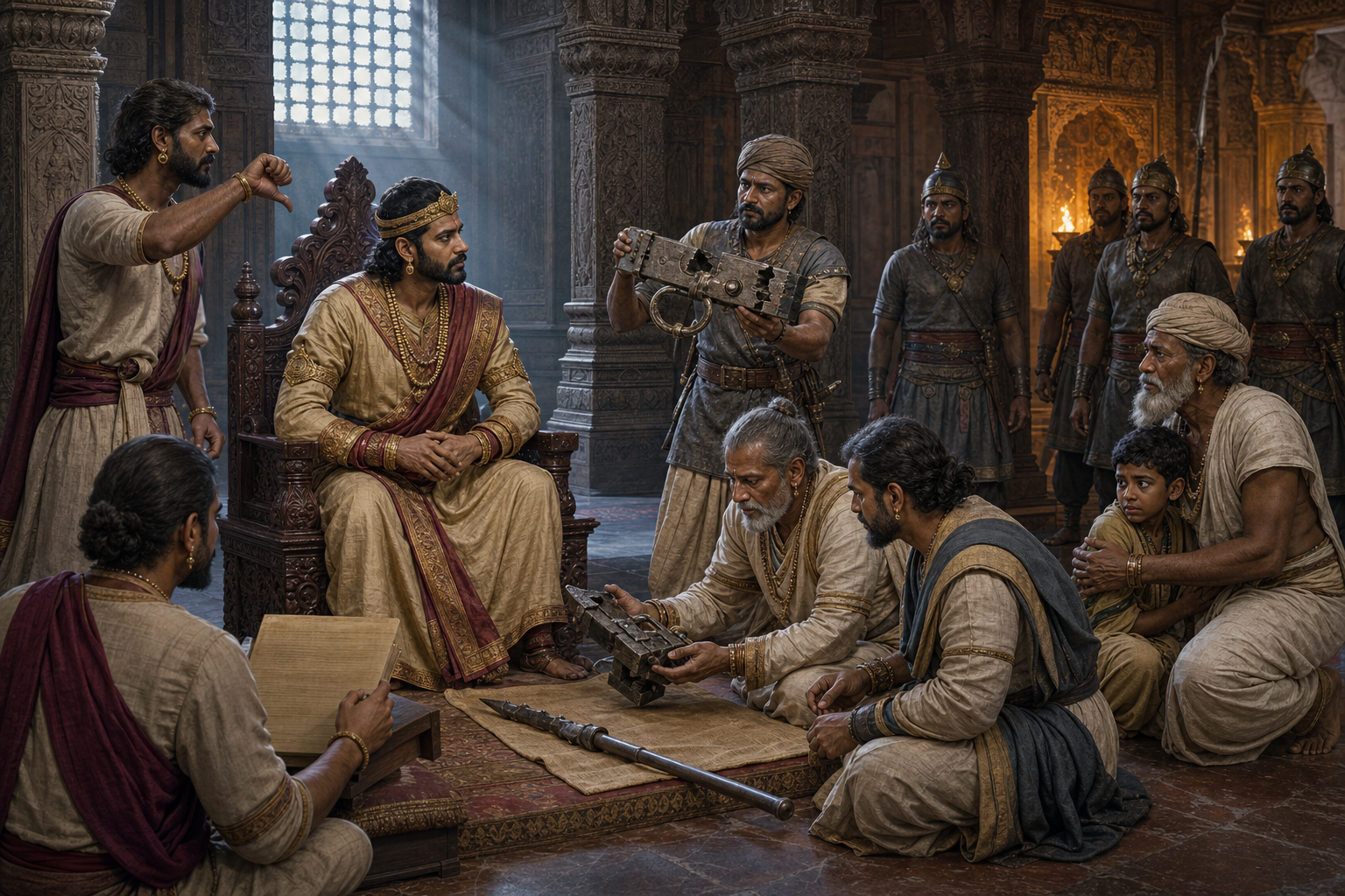 An ancient Indian ruler listens to witnesses and examines a damaged gate latch and a recovered spear before responding to an incident.