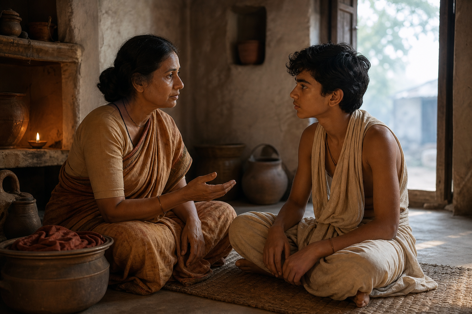 A mother and her adolescent son speak together inside a modest clay-walled home with household vessels and a woven mat nearby.