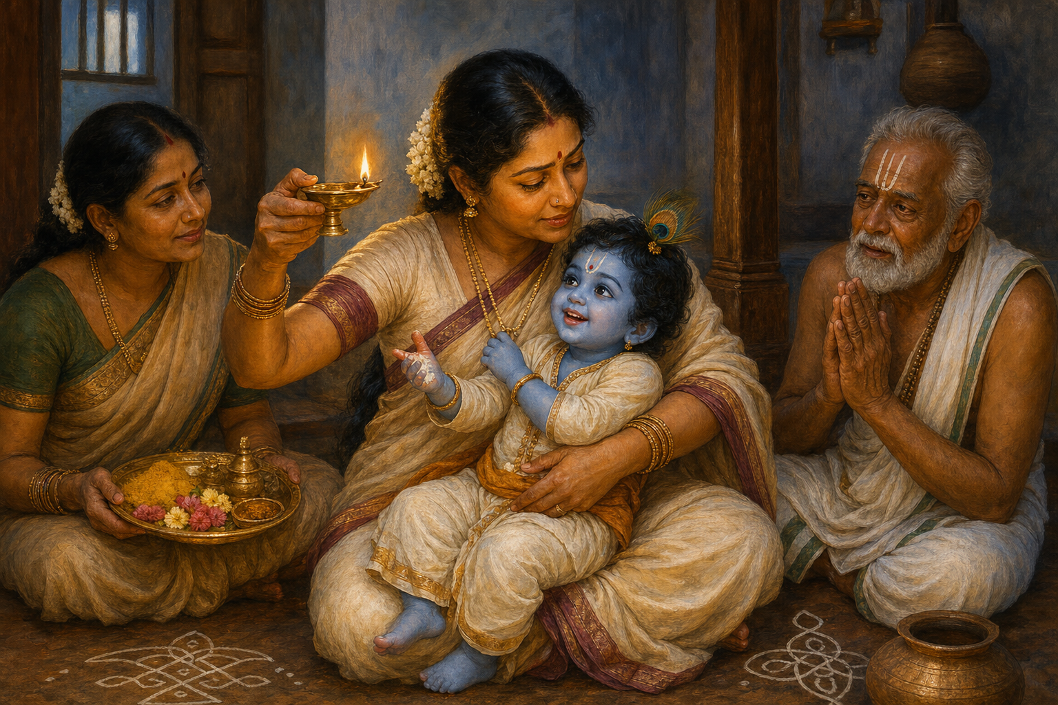 Yashoda holds toddler Krishna and performs a protective lamp ritual as women and an elderly Vaishnava devotee look on.