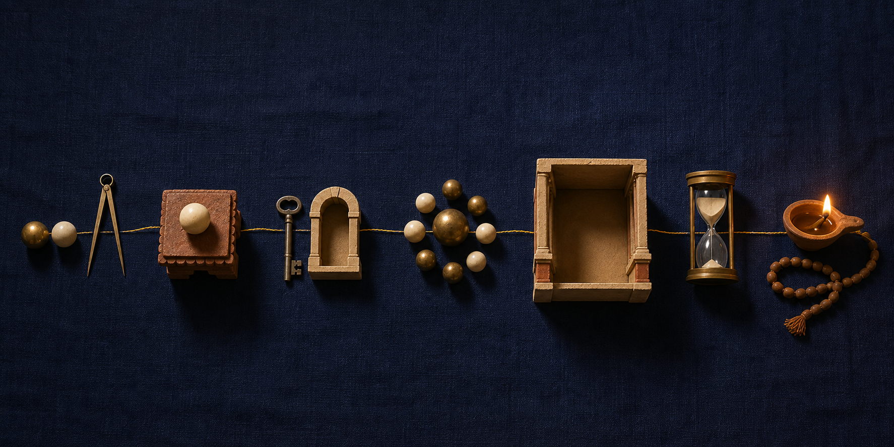 Seven linked still-life stations show paired spheres, a pedestal, a key, surrounding spheres, a chamber, an hourglass, and an oil lamp.