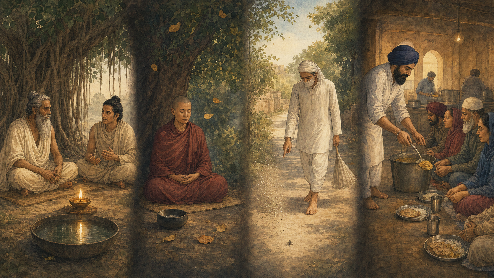Four equal vignettes show Hindu contemplation beneath a banyan tree, a Buddhist monastic among falling leaves, a Jain practitioner walking carefully near an insect, and a Sikh volunteer serving a communal meal.