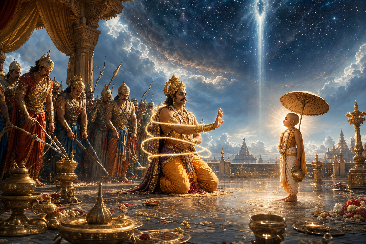 King Bali raises a hand to stop his armed followers while kneeling calmly before the radiant brahmin Vamana in a ceremonial court.