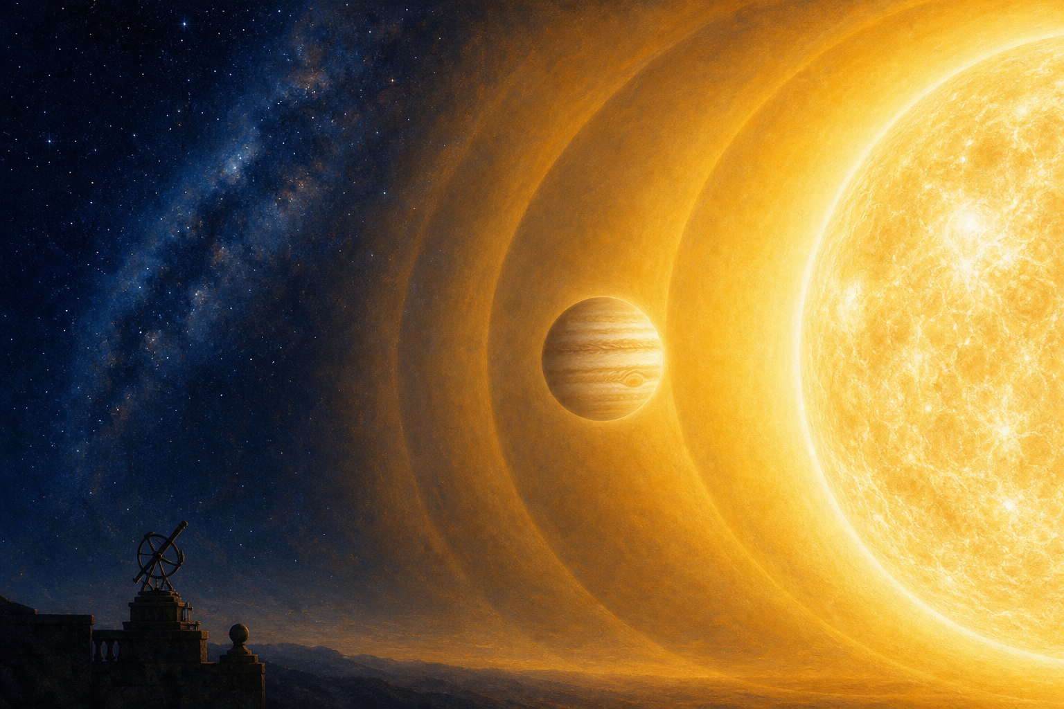 A banded Jupiter remains visible within the bright golden glare surrounding the Sun, viewed from an observatory instrument.
