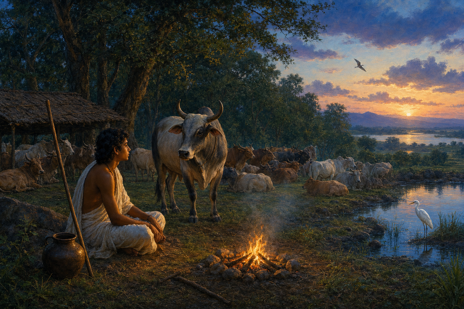 A young student sits beside a small fire in a forest clearing surrounded by cattle, with birds near a pond and in the evening sky.