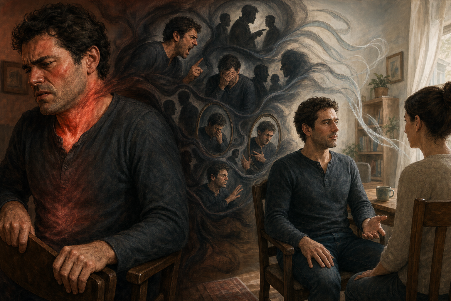 Three connected moments show a person feeling bodily tension, becoming surrounded by defensive mental images, and then relaxing during a conversation.