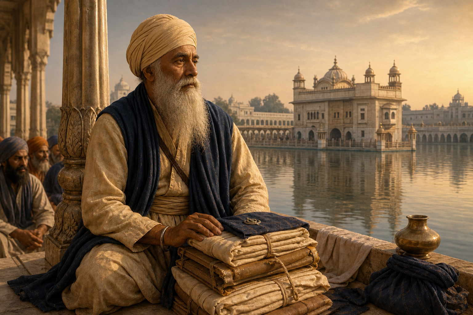 Editorial illustration of an elderly Bhai Mani Singh seated beside manuscript folios, with Sri Harmandir Sahib and its sacred pool in the background.