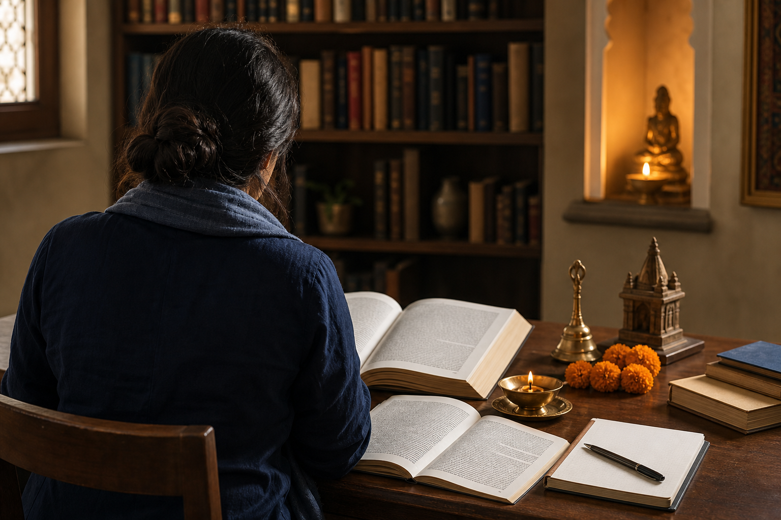 A reporter studies reference books at a table displaying a brass lamp, marigold flowers, a bell, and a small temple model.