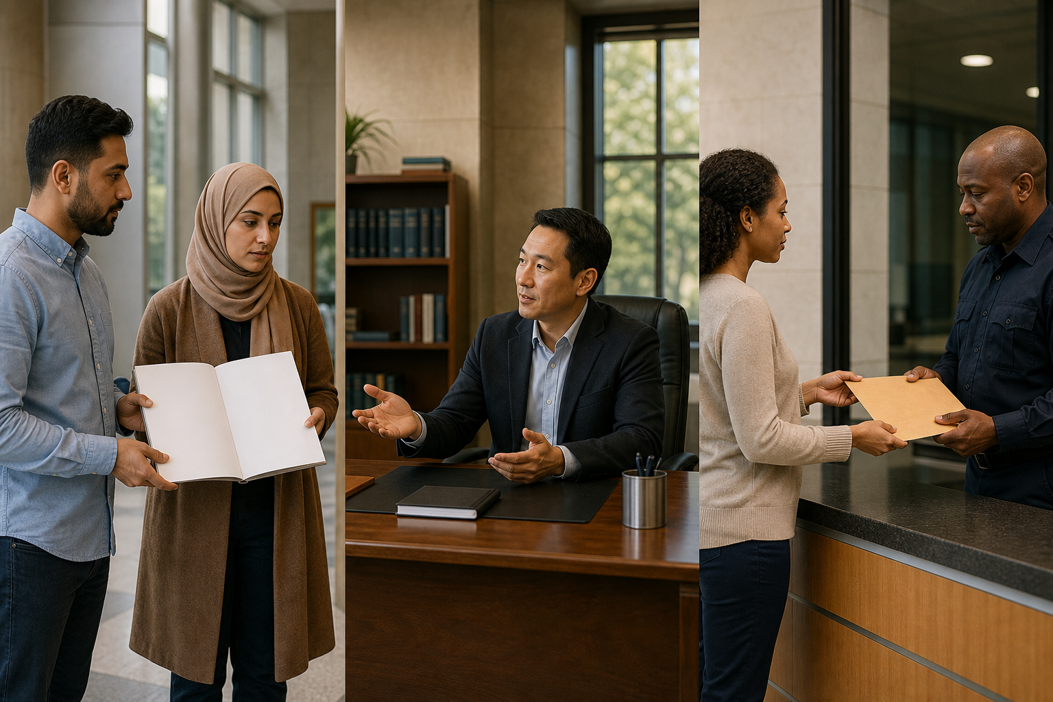 Community representatives present a blank statement, an editor listens at a desk, and a police officer receives a sealed complaint folder at a separate counter.