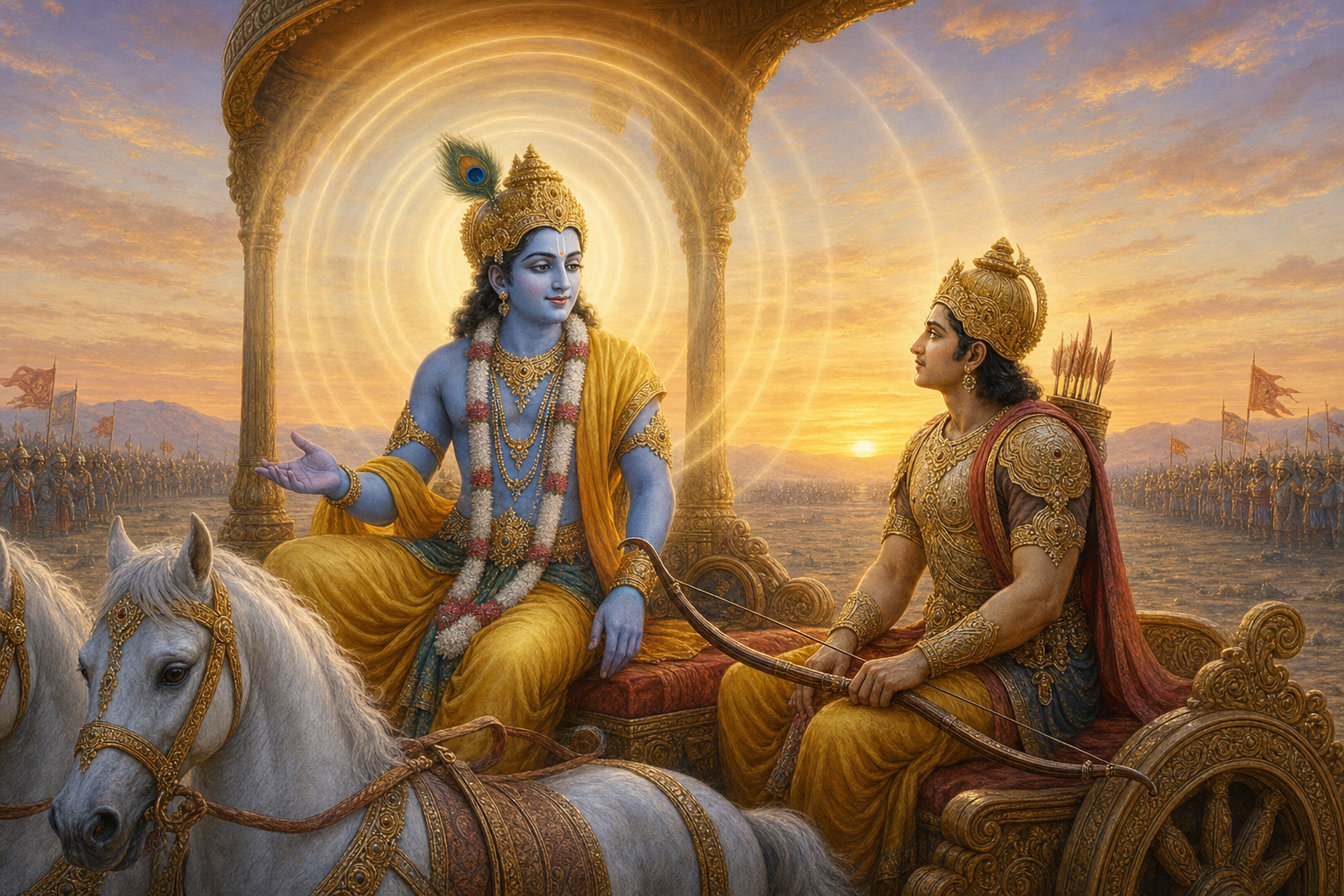 Krishna speaks to Arjuna in a chariot at dawn while Arjuna listens with his bow lowered.