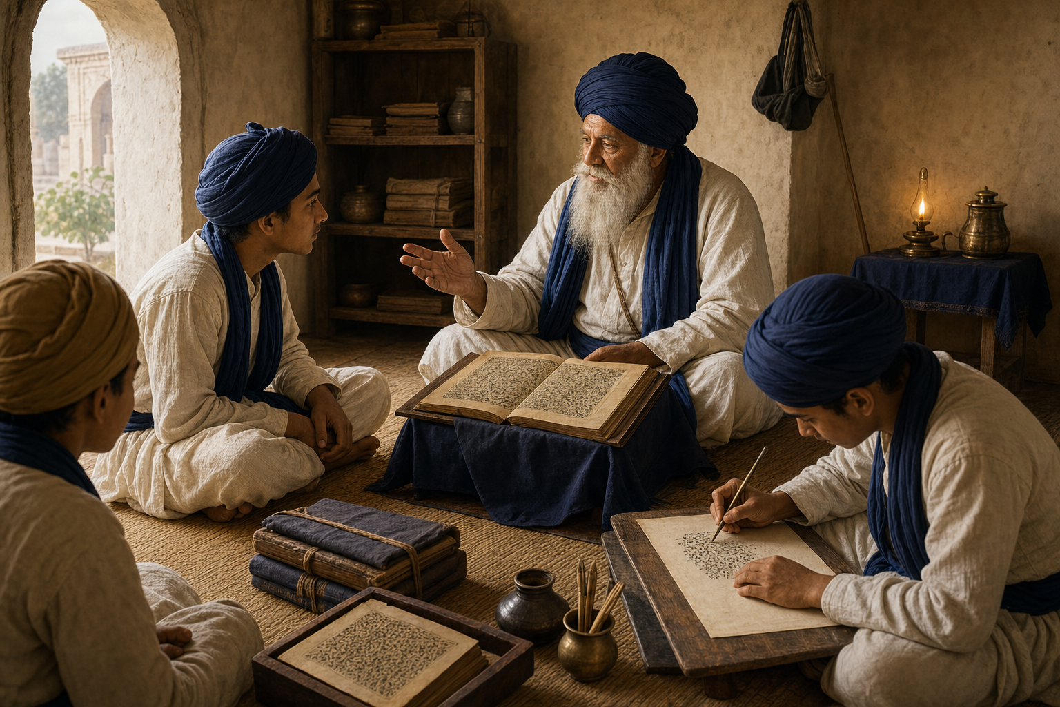 An elderly Sikh scholar teaches students gathered around manuscript folios in a simple early eighteenth-century room.