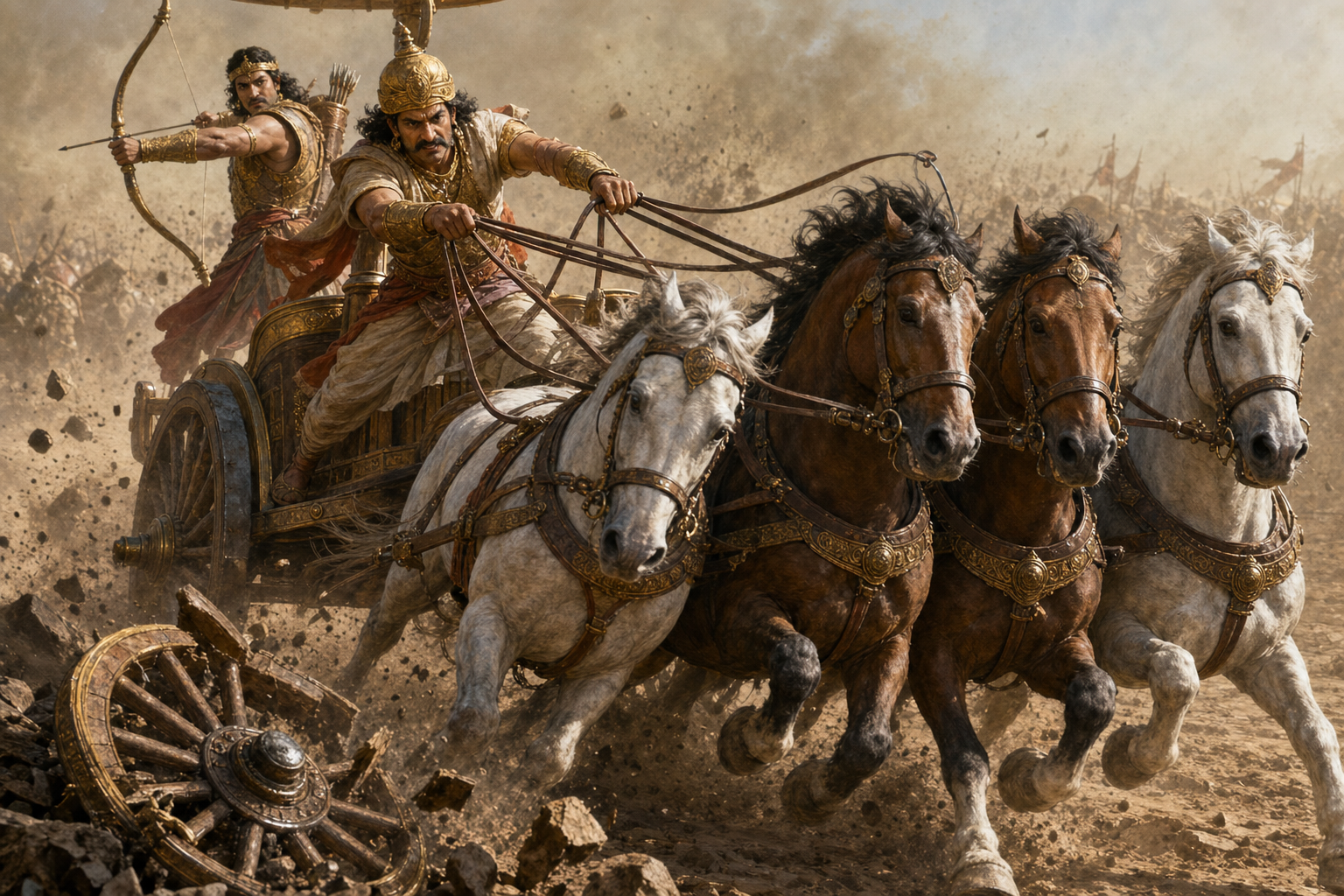 Shalya steers Karna's four-horse chariot around battlefield debris while Karna prepares to shoot an arrow.