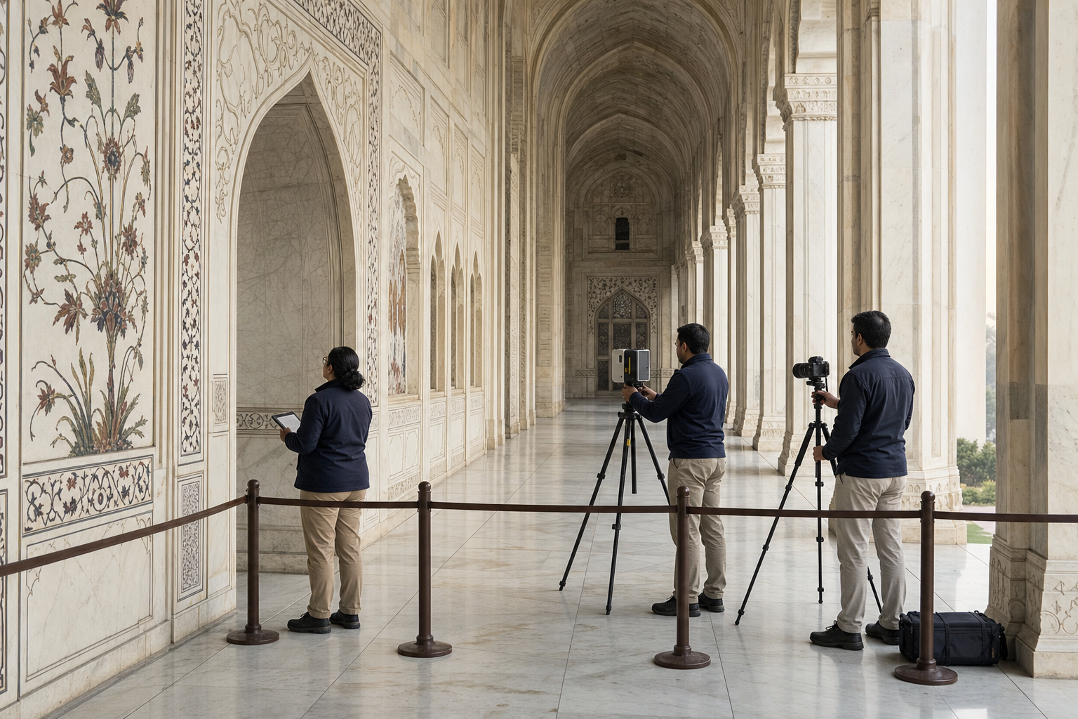 A conservation team uses non-contact scanning equipment behind a protective boundary in a white-marble historic corridor.
