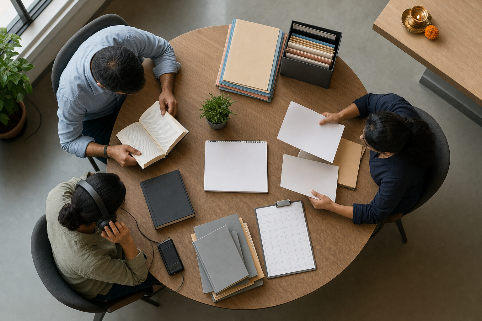 Editors around a newsroom table review blank proofs, source folders, headphones, and reference materials in an orderly workspace.