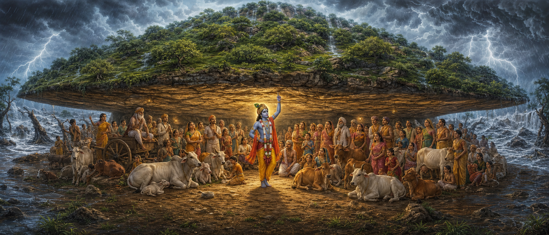 A pastoral community and its cattle gather beneath Govardhan Hill while Krishna holds it above them during heavy rain.