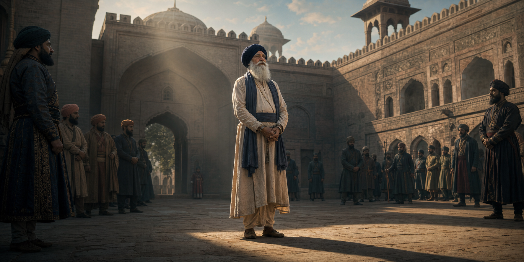 A restrained elderly Sikh prisoner stands calmly in a Mughal-era courtyard as officials and guards watch from the shadows.