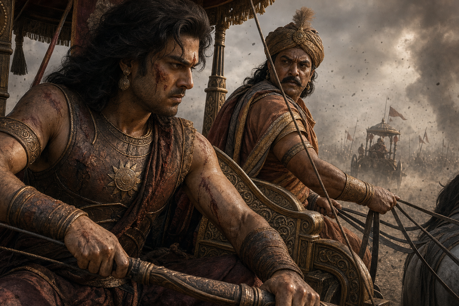 A stern Shalya turns toward a visibly strained Karna as their chariot advances through the battlefield.