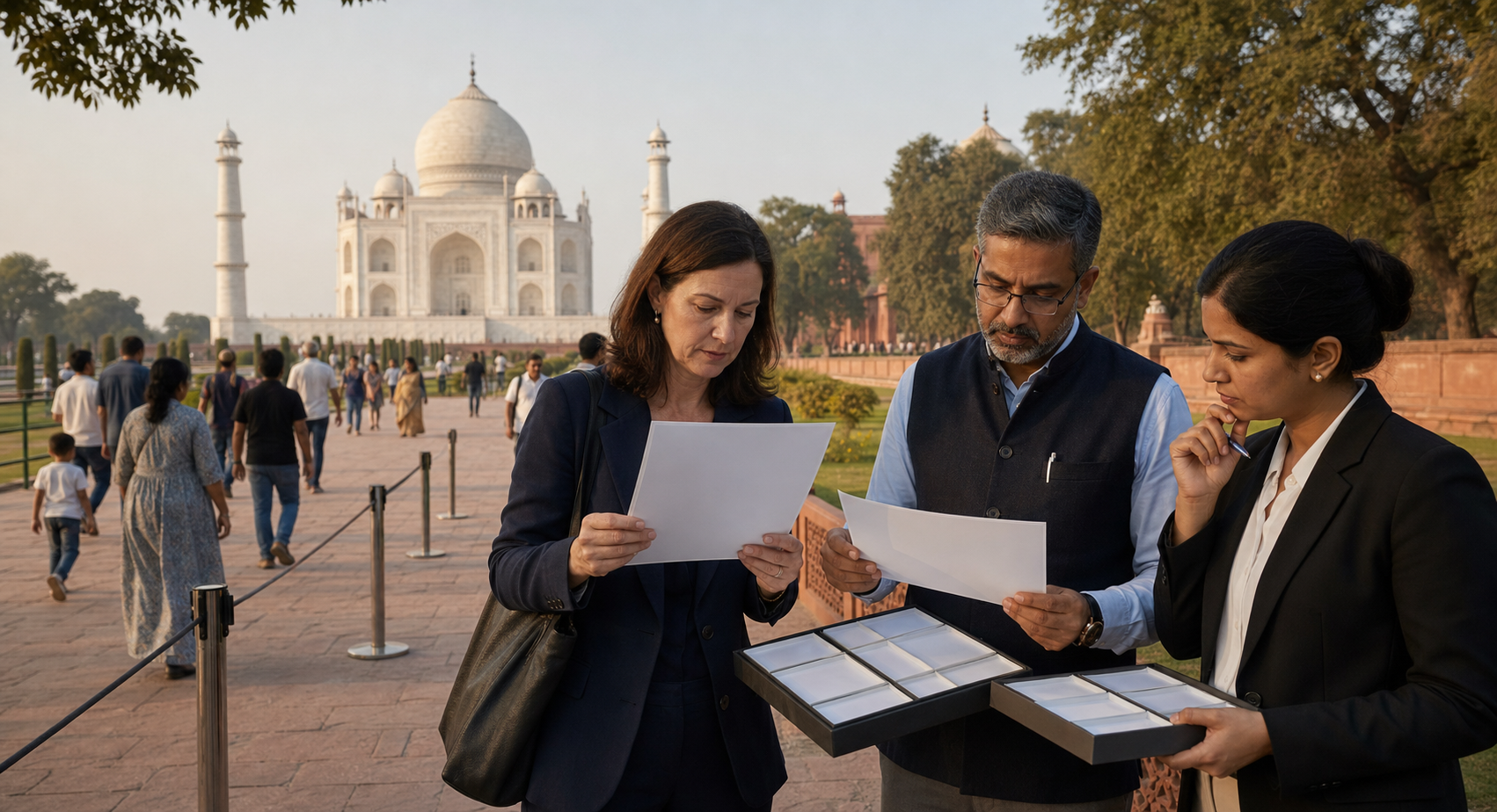 Heritage specialists review unlabeled survey materials outside a protected monument while visitors follow a public path nearby.