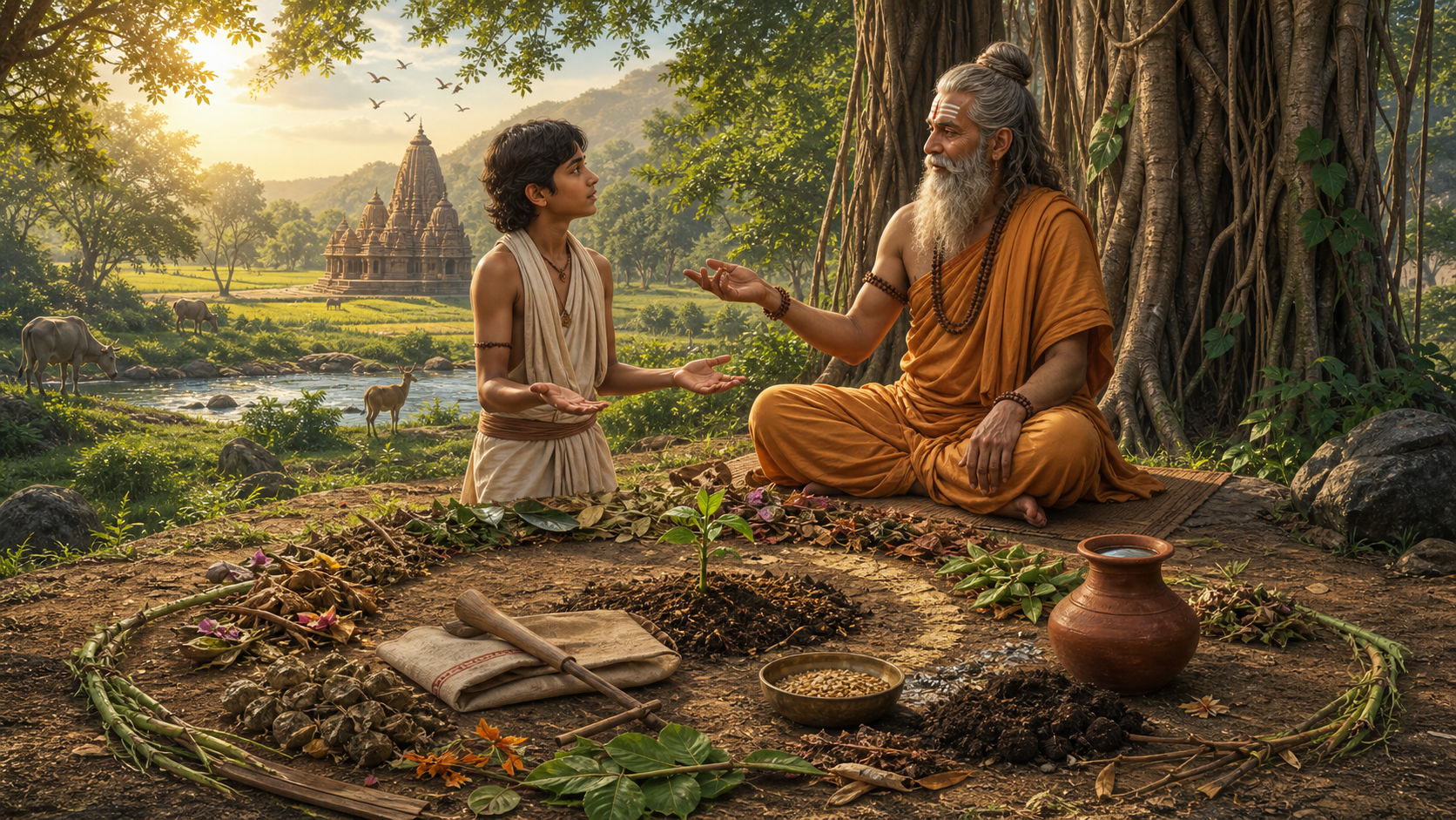 Ancient Indian guru teaching a young student about nature’s purpose in a forest clearing