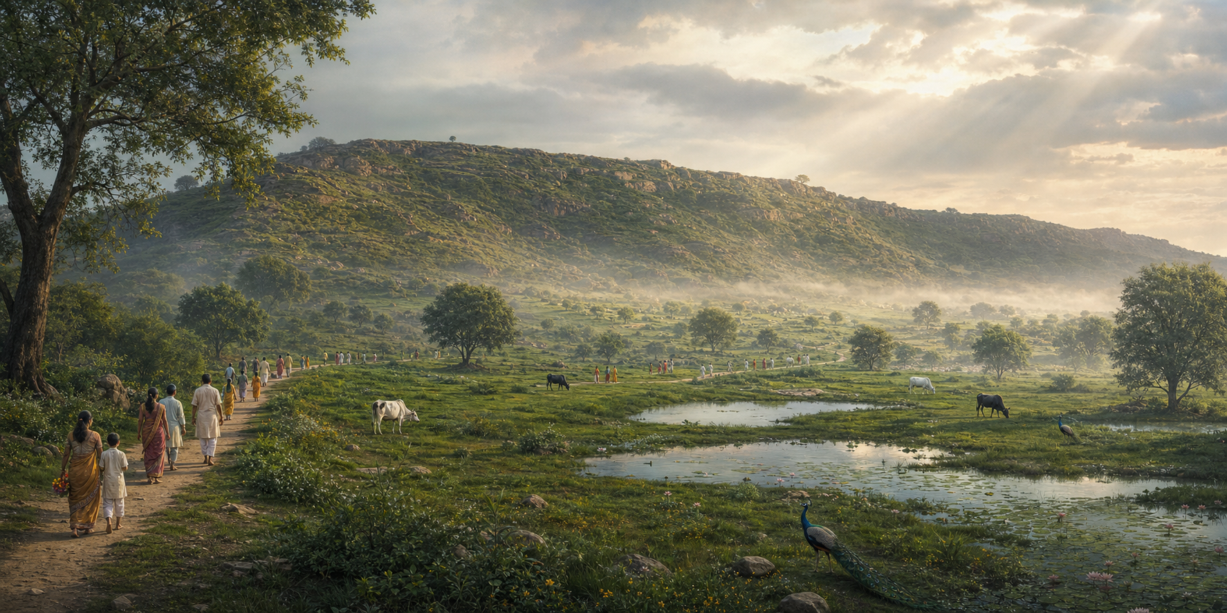 Pilgrims walk beside the green ridge of Govardhan Hill at dawn as cows graze nearby.