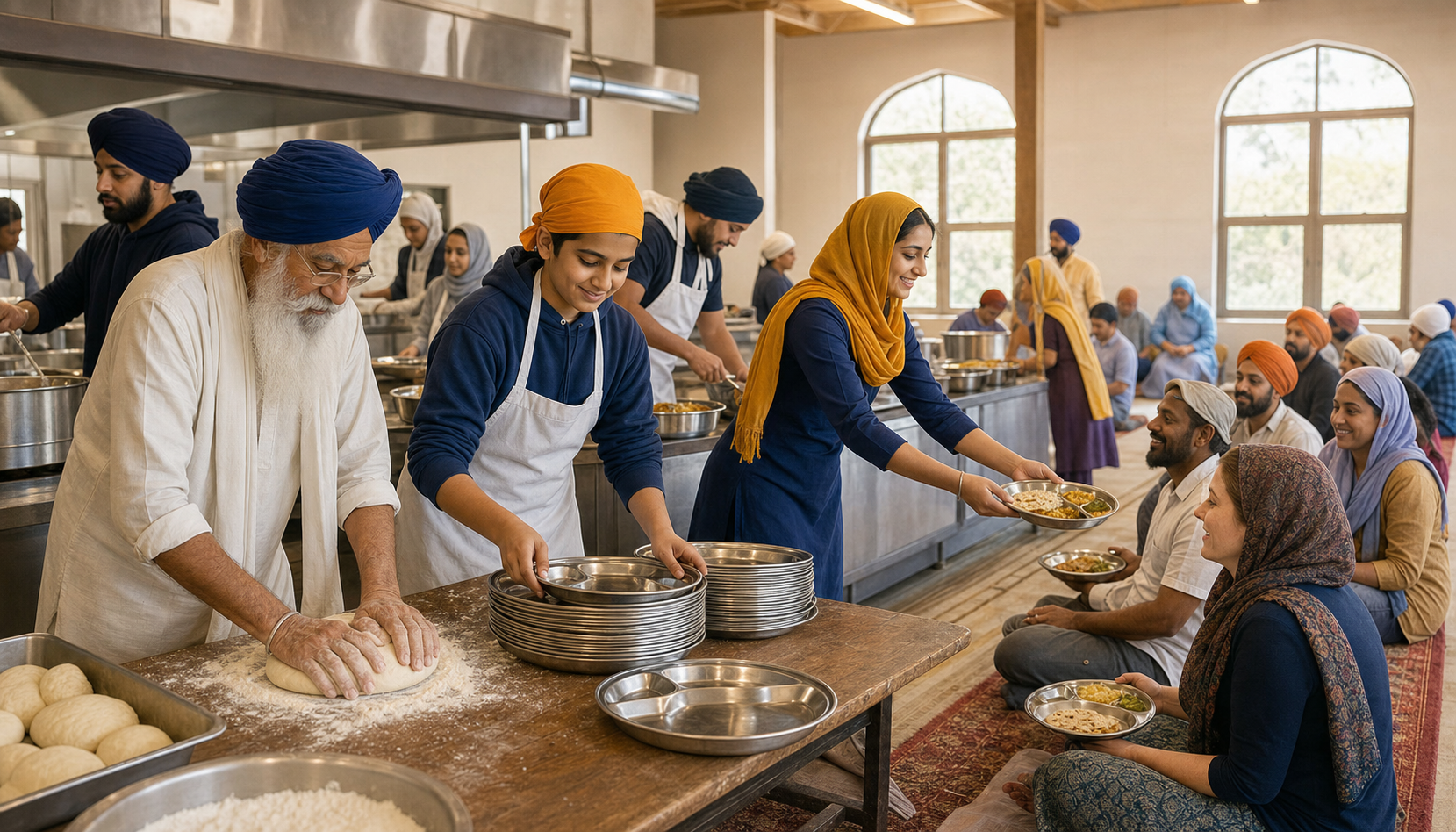 Sikh elders and young volunteers prepare and serve a communal meal together in a gurdwara langar hall.