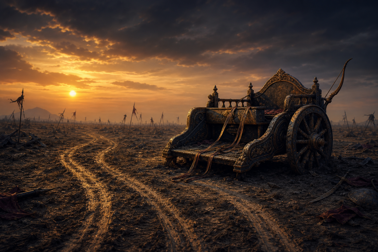 An empty damaged chariot with loose reins and a bow stands on the battlefield at sunset.