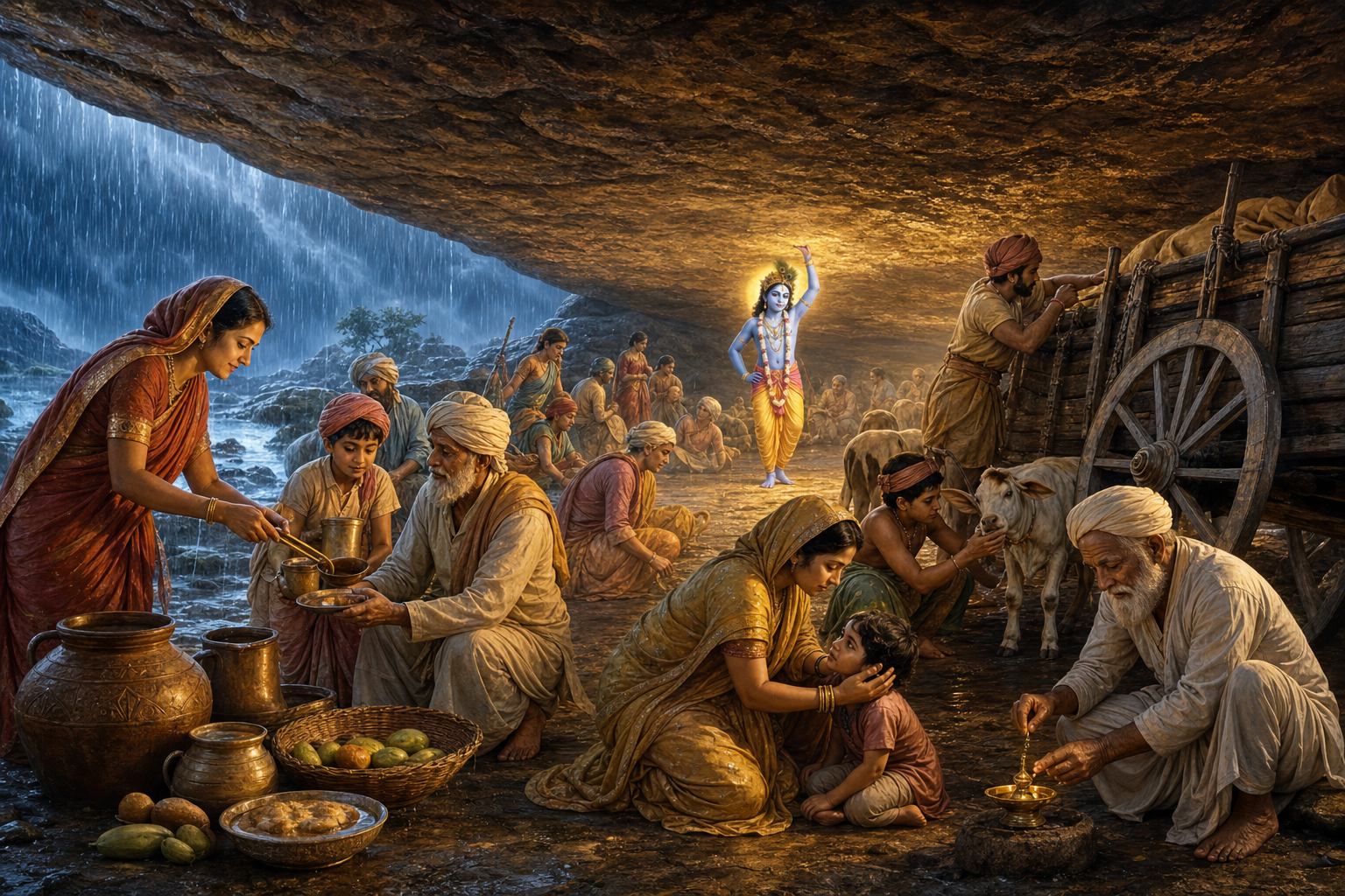 Villagers share supplies, secure a cart, and care for children and calves while Krishna holds Govardhan Hill above them.