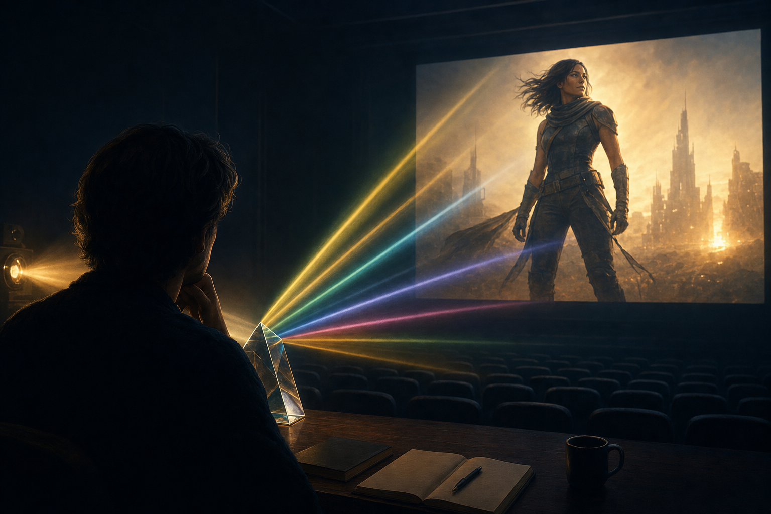 An anonymous critic watches a fictional female action hero on a cinema screen as projector light passes through a glass prism.