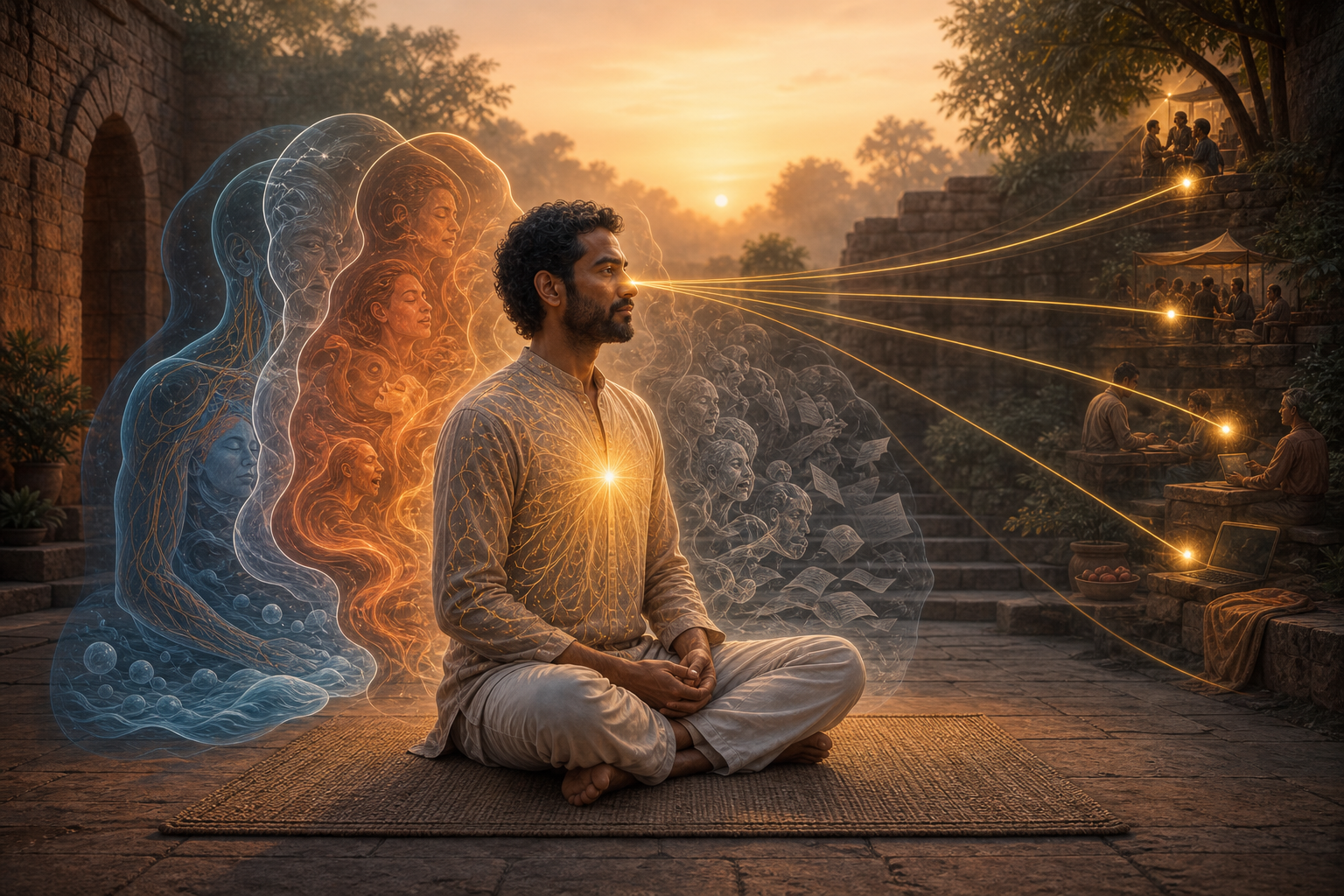A seated person at dawn surrounded by translucent layers and converging golden light, with a steady glow at the center of the chest.