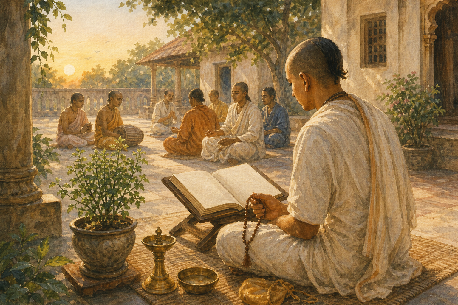 A practitioner studies an open manuscript with prayer beads in a courtyard near a tulasi plant while other devotees gather in the background.