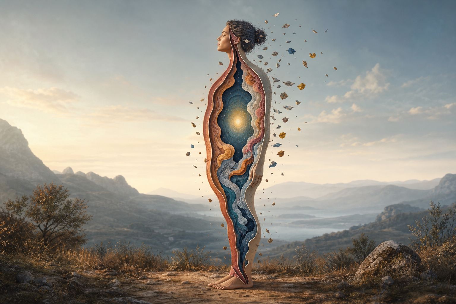 A layered human figure with an outer body, a middle field of colorful thoughts and emotions, and a still luminous center.