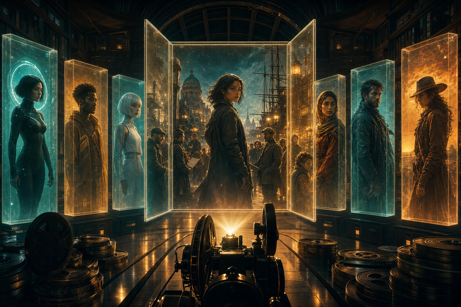 Diverse fictional protagonists stand in translucent frames, with one frame opening into a detailed cinematic world.
