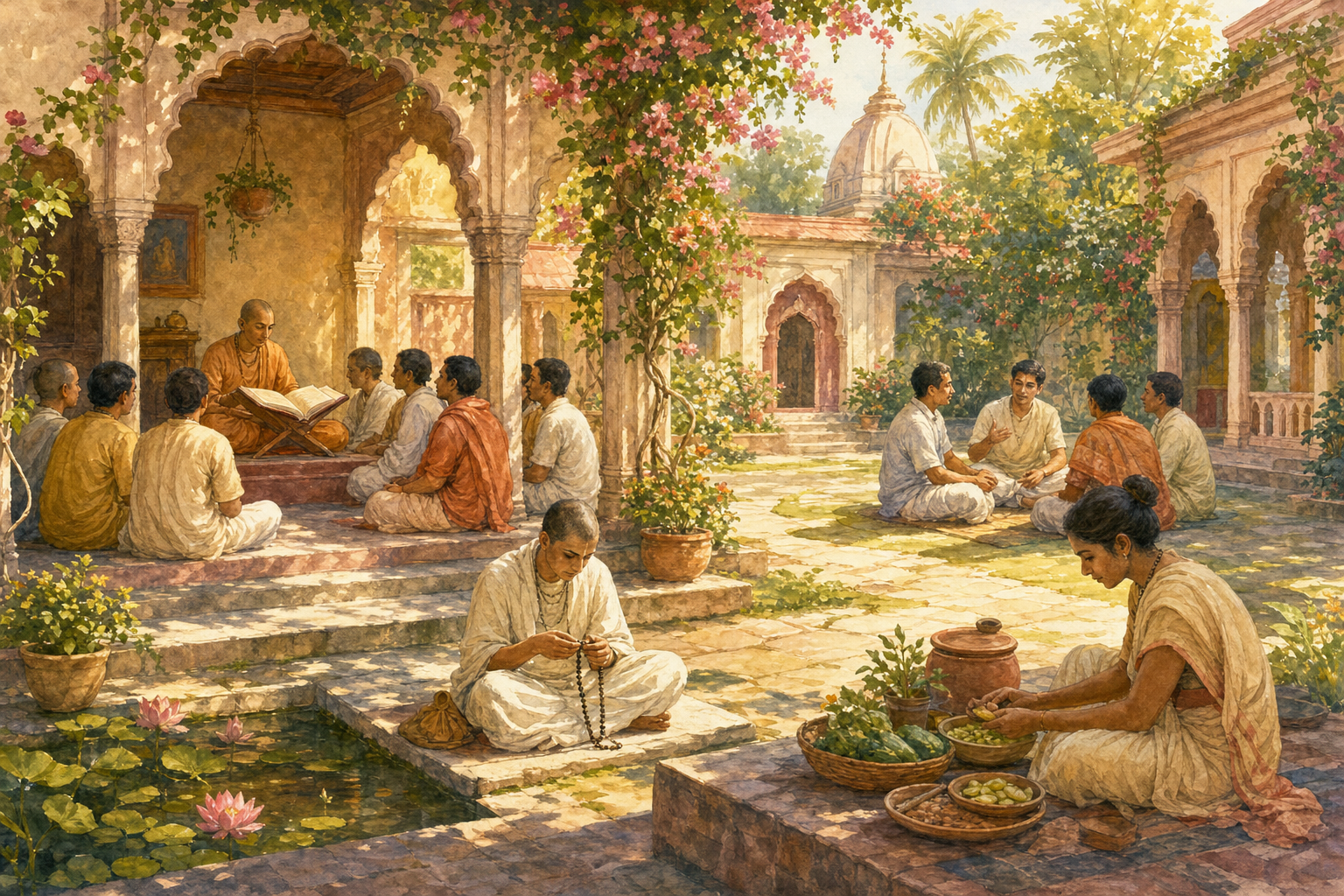 Devotees study scripture, use prayer beads, prepare a simple meal, and hold a thoughtful discussion in one connected courtyard setting.