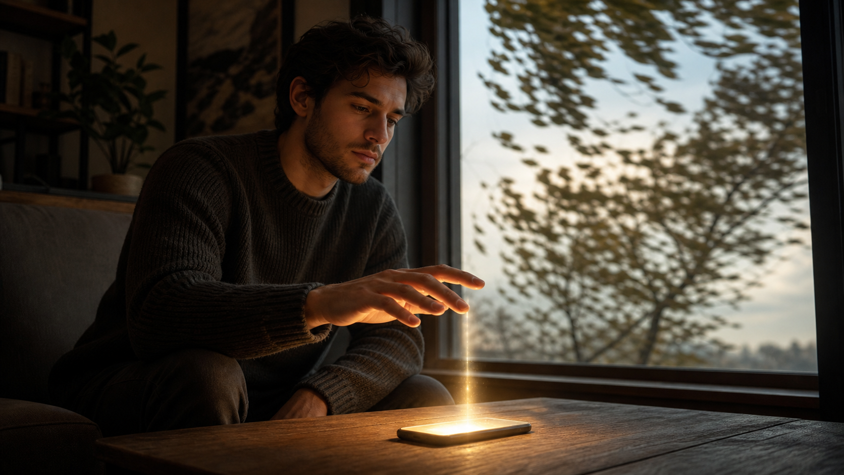 A person pauses with one hand hovering above a glowing phone, separated from it by a narrow band of golden light.