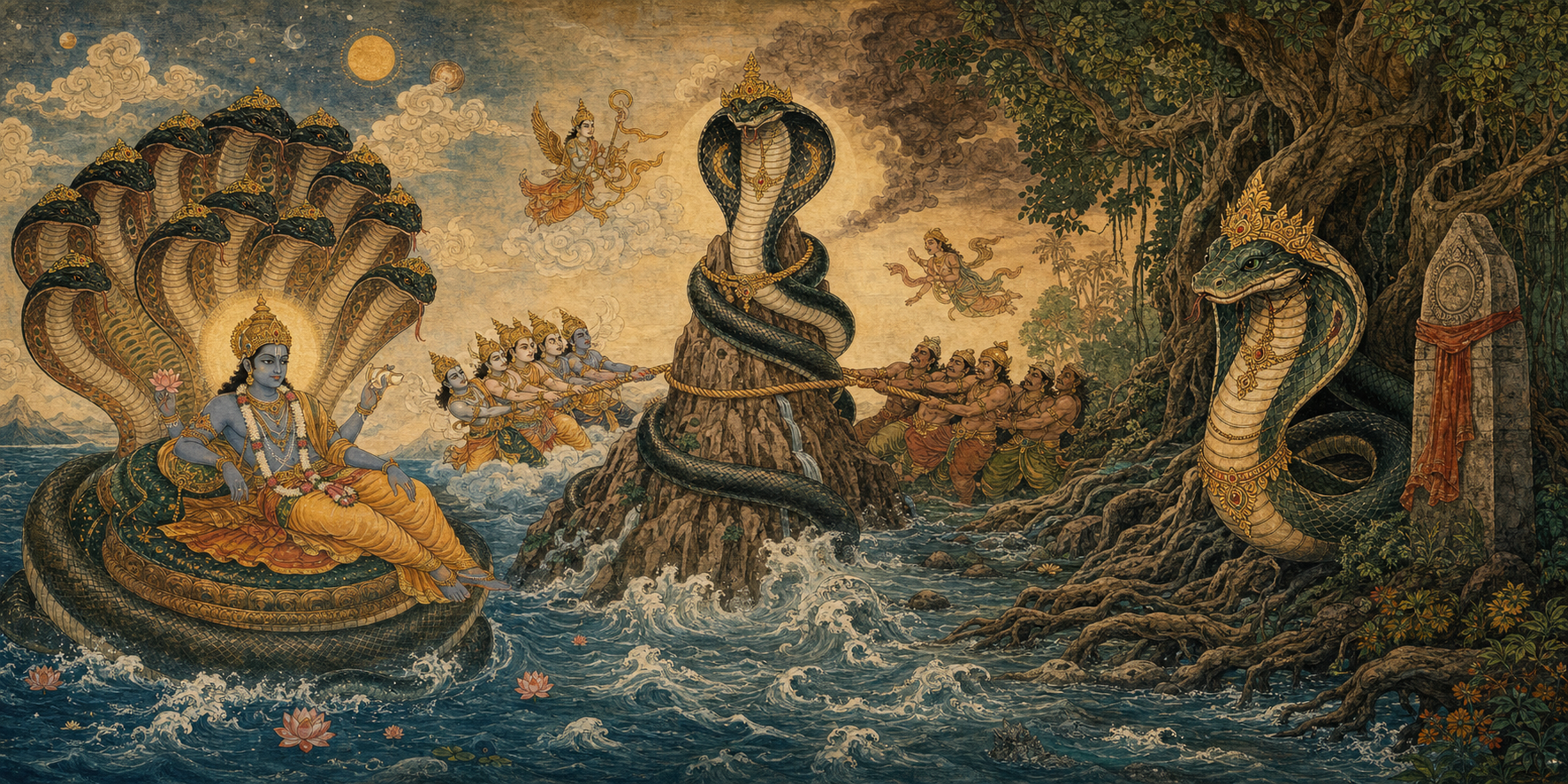 Three serpent-king scenes showing a many-hooded cosmic supporter, a cobra around a mountain, and a naga guarding a forest boundary.