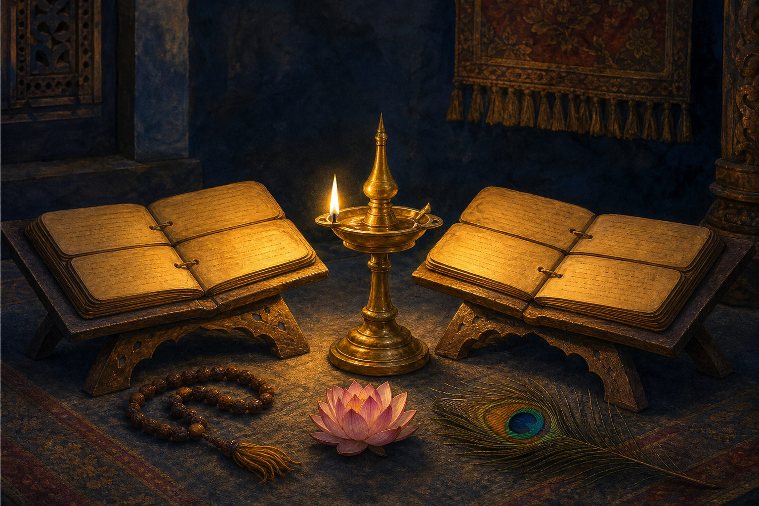 Two open manuscript volumes face a single glowing brass lamp on low wooden stands beside prayer beads and a lotus.