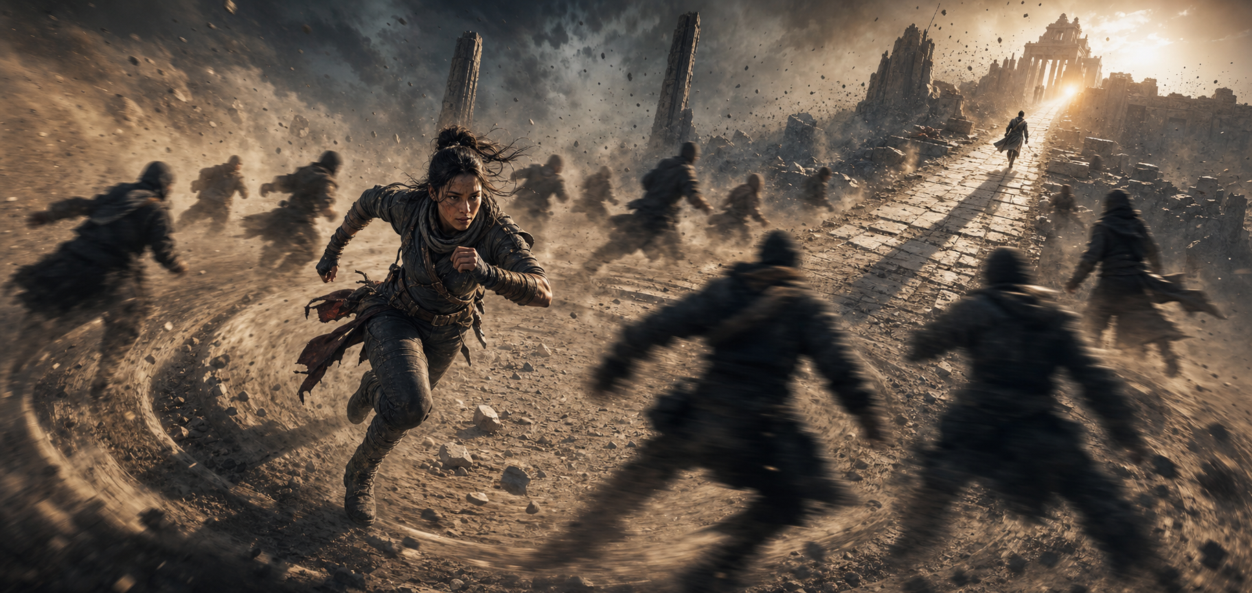 A fictional heroine moves through circular chaos while a clear diagonal action path leads toward a distant objective.