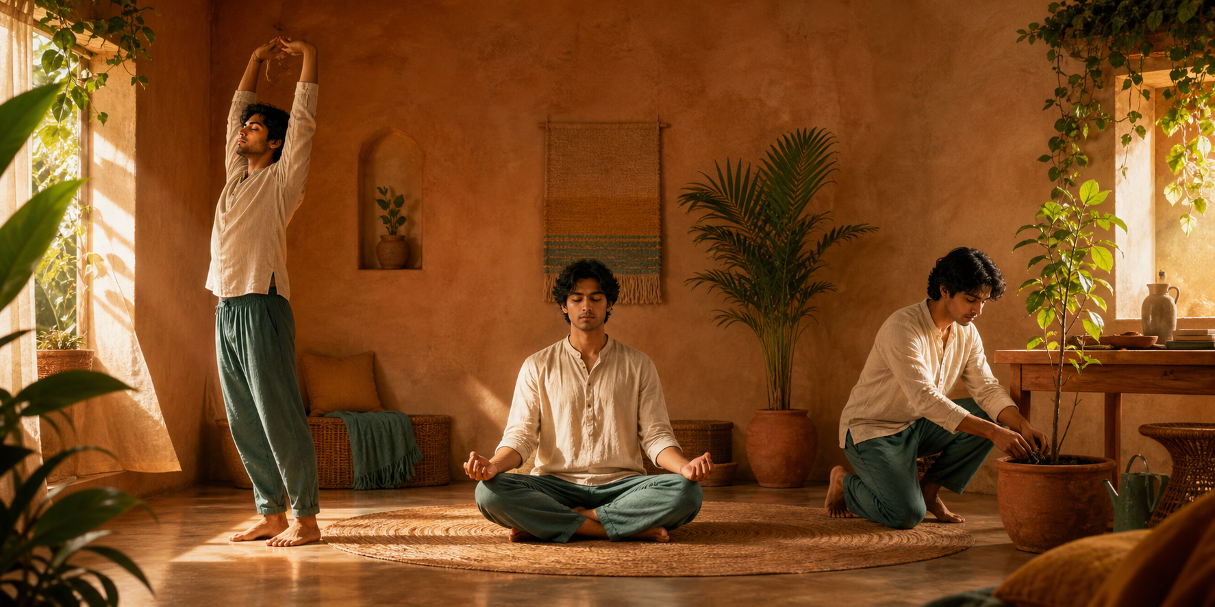 Three connected moments show a person stretching, meditating, and tending a plant beside a work table in a sunlit room.
