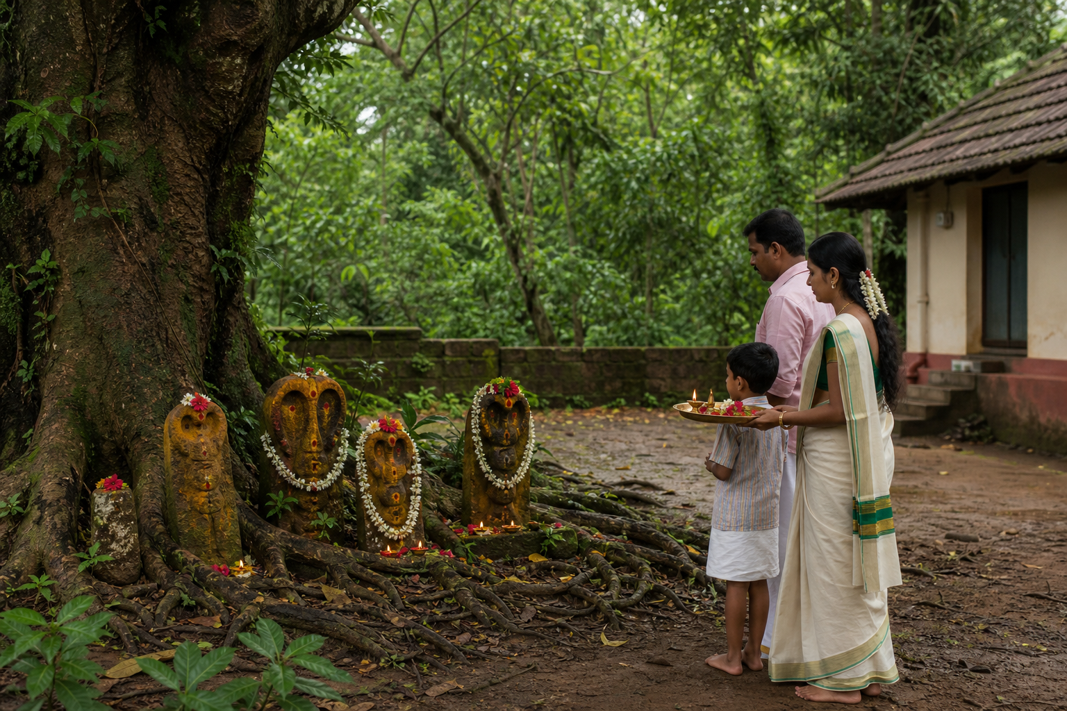 A family bringing offerings to weathered naga stones beneath a sacred tree beside a protected grove.