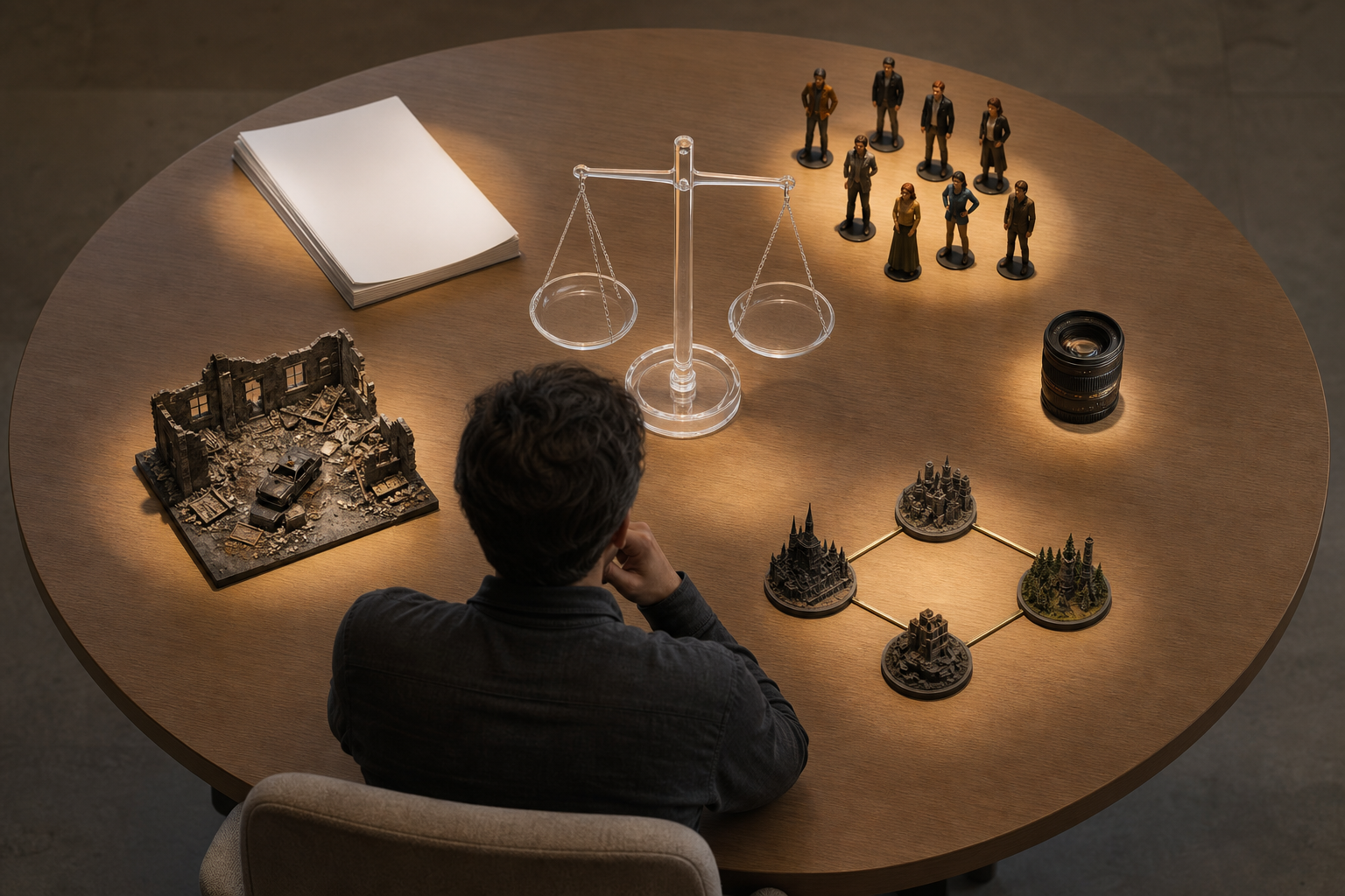 An anonymous critic examines blank script pages, character figures, a miniature set, a lens, and an interconnected film model around a transparent scale.