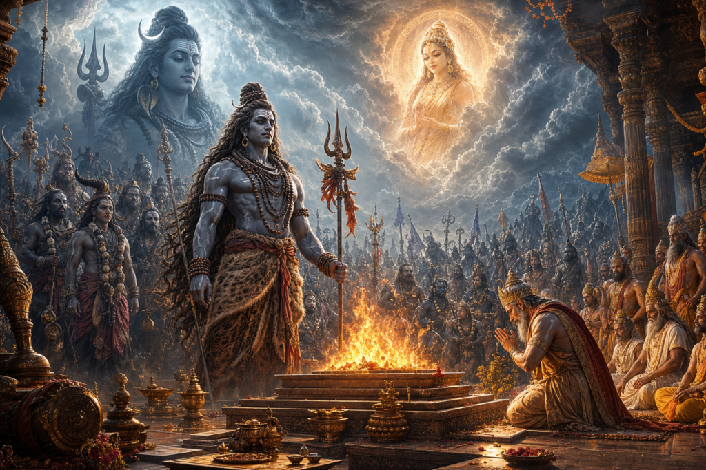 Virabhadra stands beside a sacred yajna fire during the Daksha Yajna, with Shiva’s presence and Sati’s aura above.