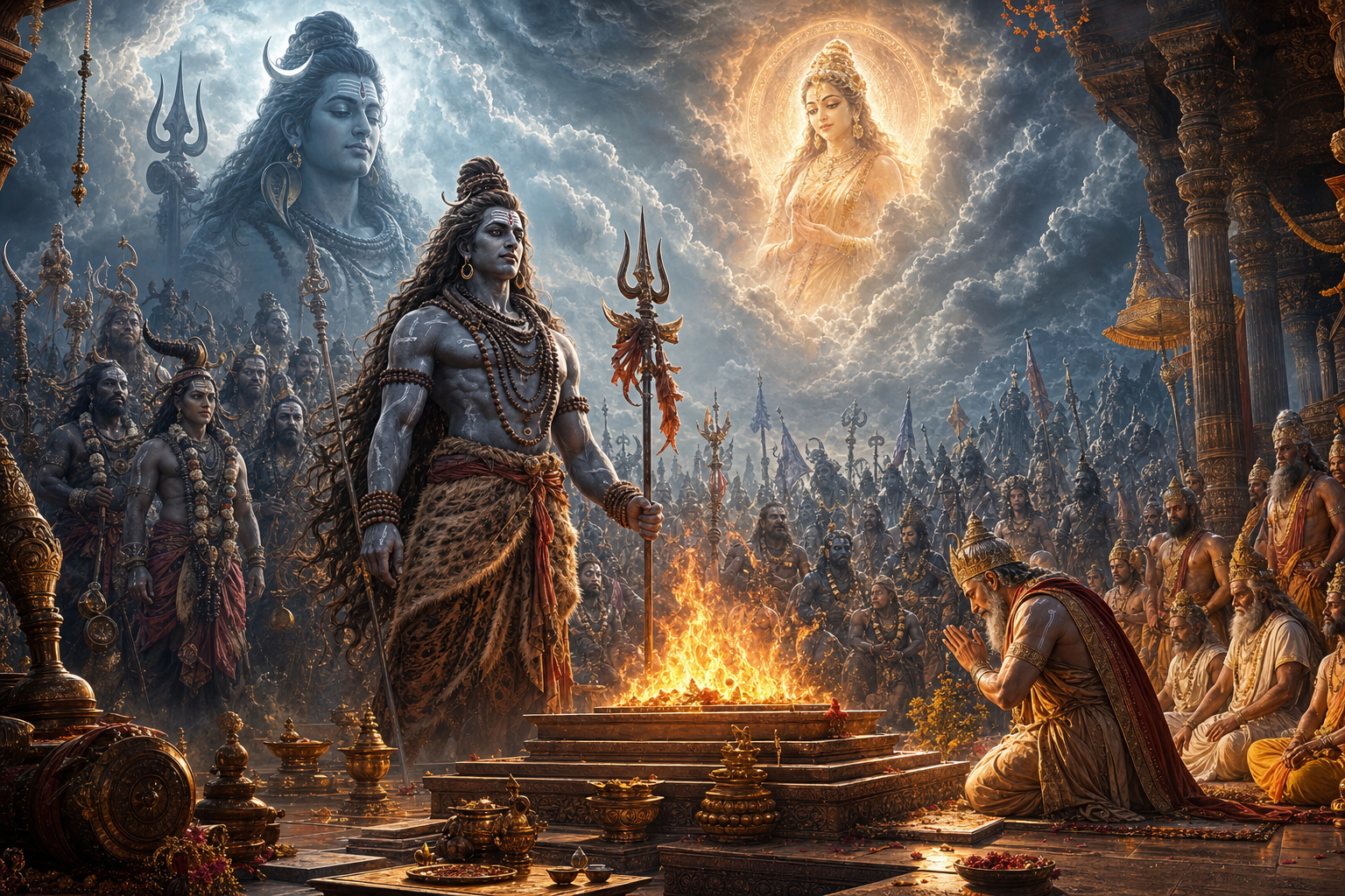 Virabhadra stands beside a sacred yajna fire during the Daksha Yajna, with Shiva’s presence and Sati’s aura above.