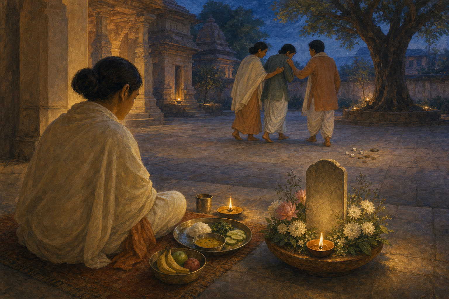 A practitioner sits before a simple meal near memorial flowers while two community members support a person beside scattered dice and coins.