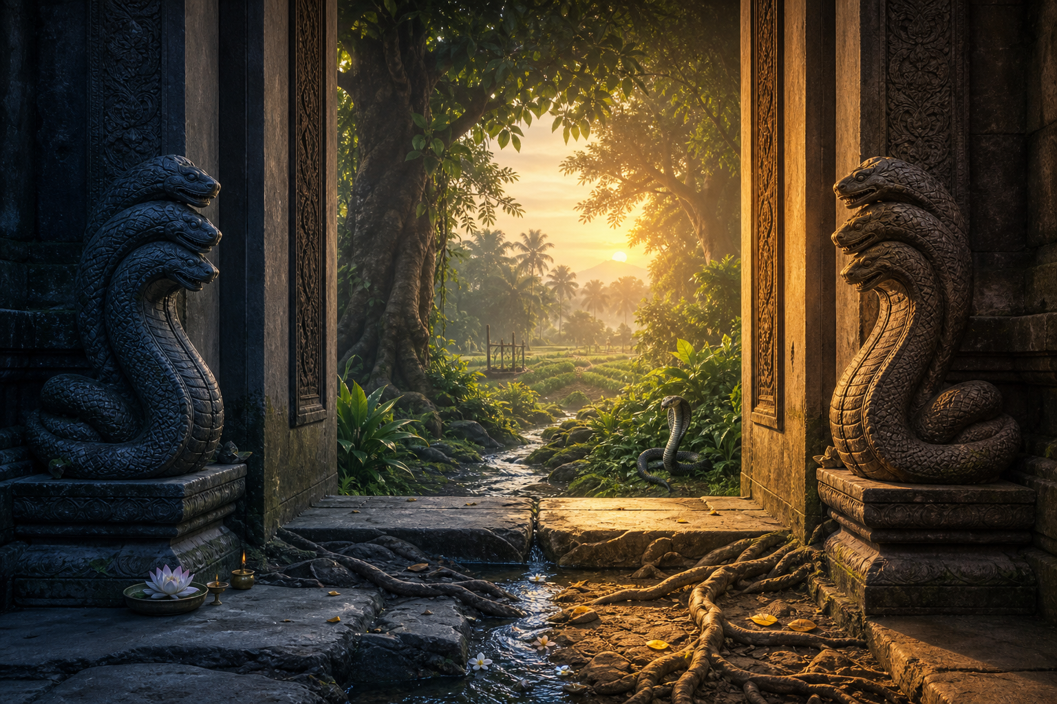 Paired stone naga guardians flank a shrine doorway between a shadowed sanctuary and a sunlit sacred grove.