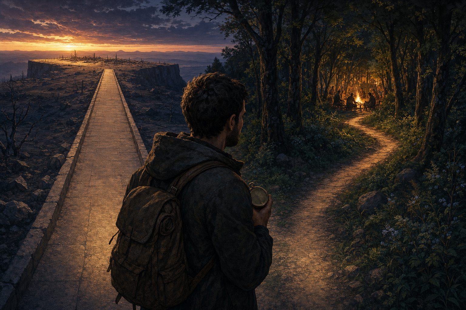 A traveler holding an unmarked compass considers a straight barren path and a narrower path leading toward trees and a gathered community.