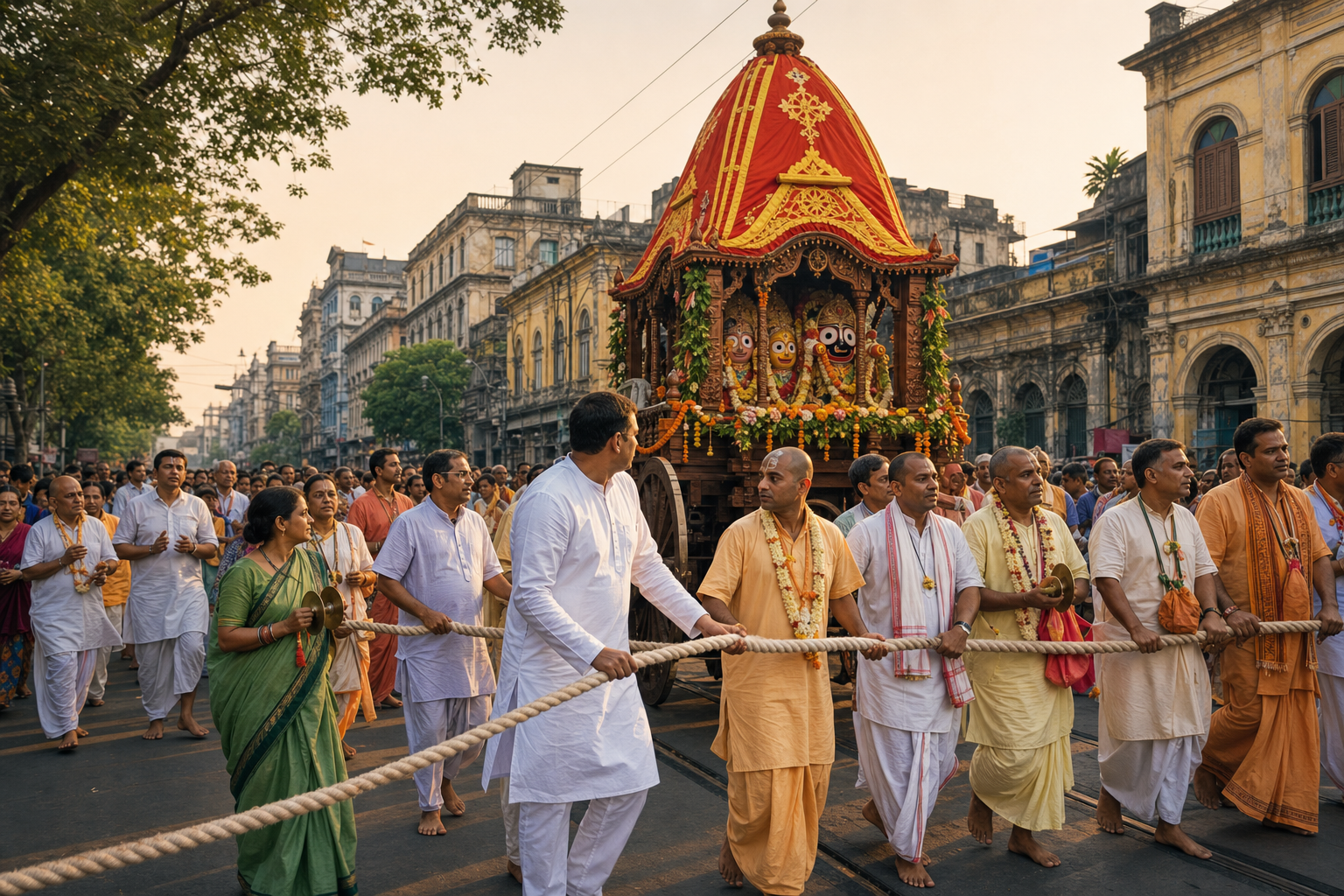 Devotees pull an ornate red-and-gold Rath Yatra chariot along a historic Kolkata street.