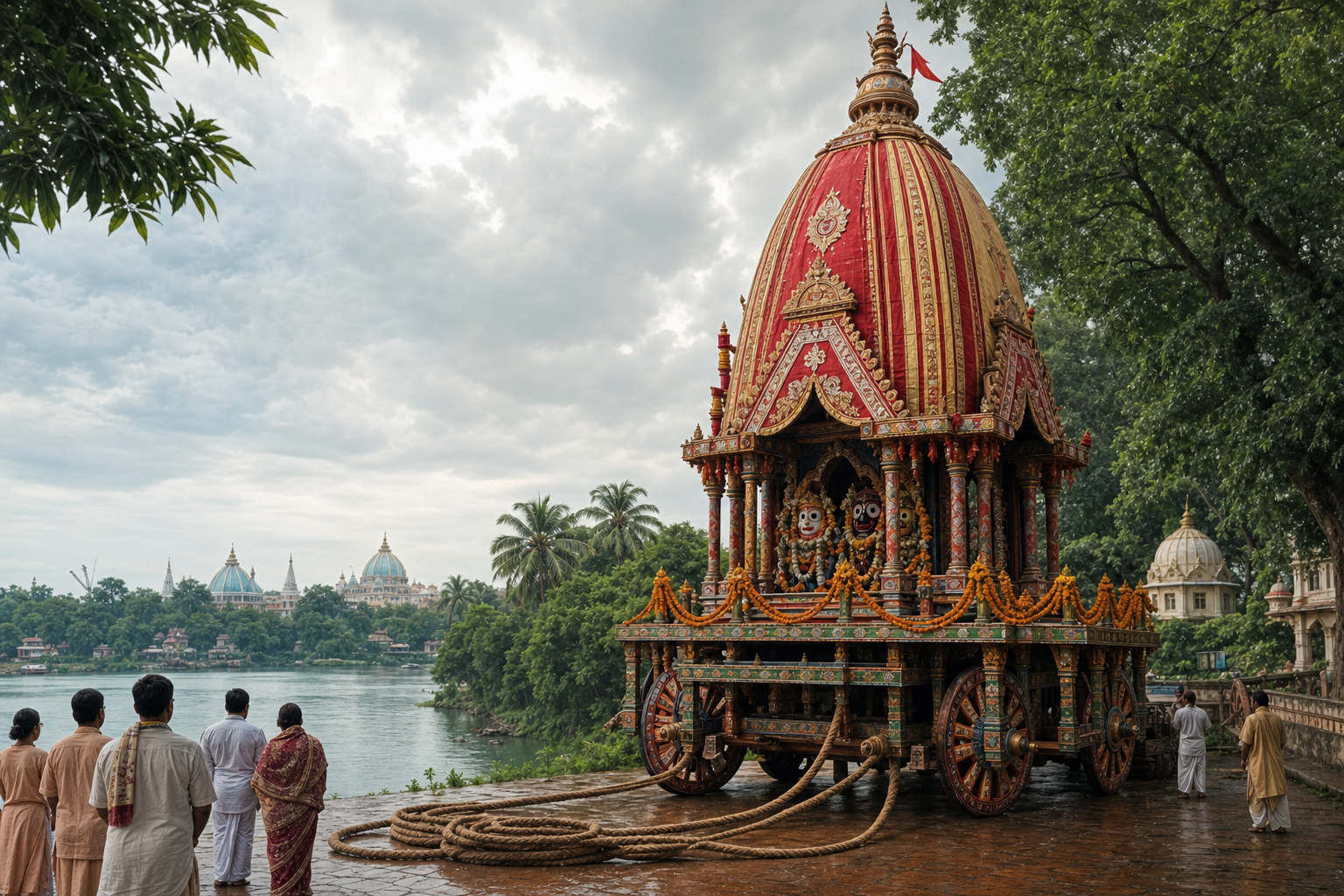 Ornate red-and-gold Ratha Yatra chariot beside a river with devotees and coiled pulling ropes