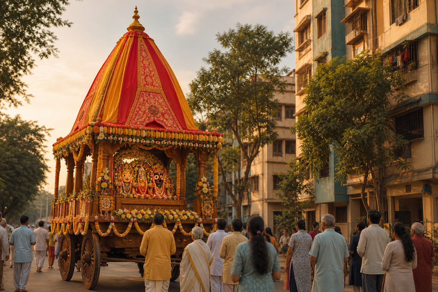 Flower-adorned Vaishnava festival chariot surrounded by worshippers on a residential street in Mira Road, Mumbai