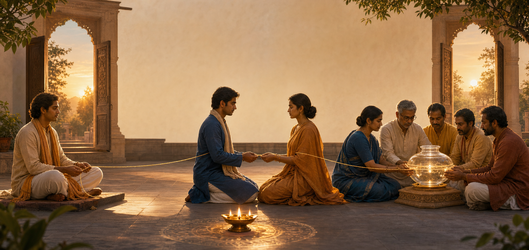 An unbroken thread connects an individual, two people making a commitment, and community stewards guarding a transparent offering vessel in a sunlit courtyard.
