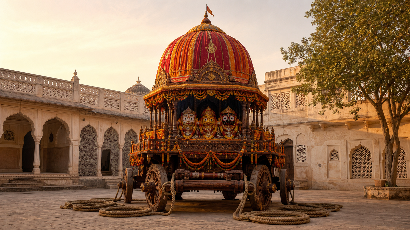 Ornate Jagannath festival chariot at rest in a quiet Hyderabad temple courtyard at sunrise
